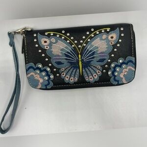 Embroidered Butterfly Black Clutch